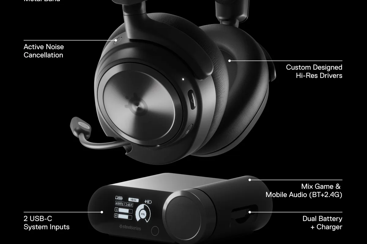 A premium gaming headset with a detachable microphone on a gaming desk