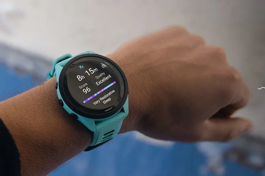 Running watch display showing pace and distance during a run