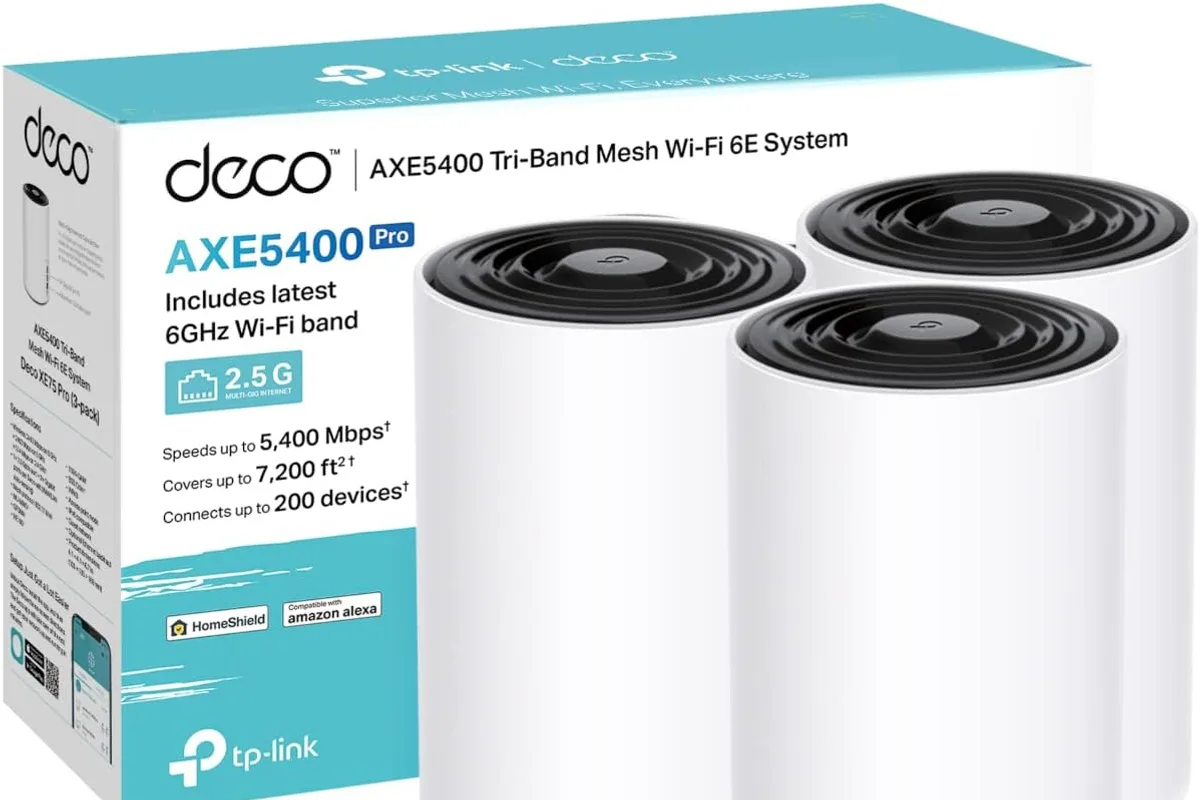 Two mesh Wi-Fi satellite nodes on a living room console and shelf