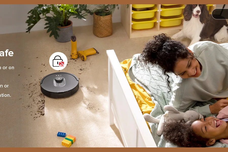 Robot vacuum dock with a self-emptying base in a living room corner