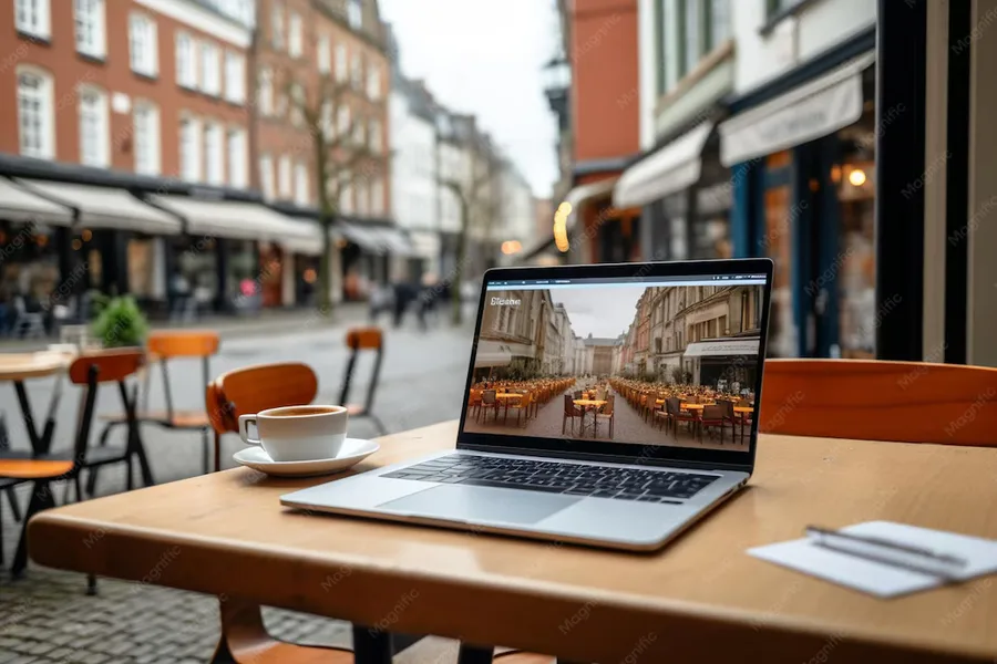 Open ultrabook showing a bright display beside a coffee cup