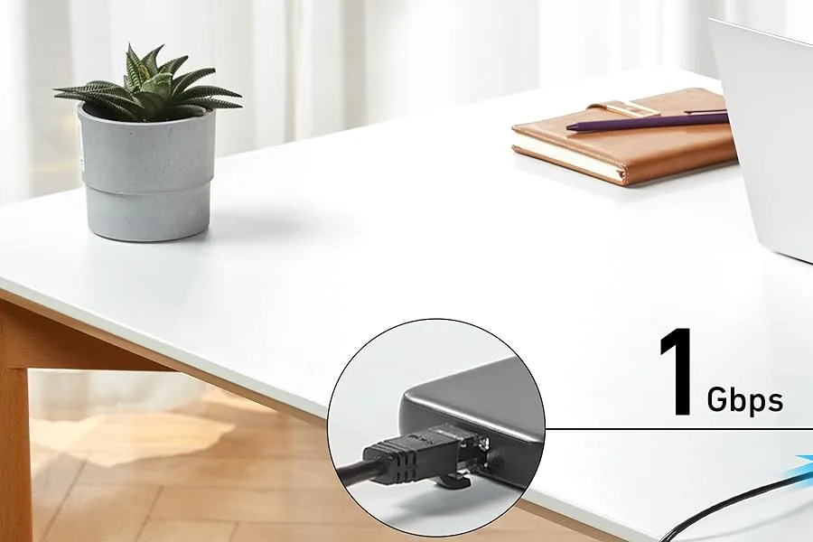 Close-up of a USB-C hub ports with cables attached