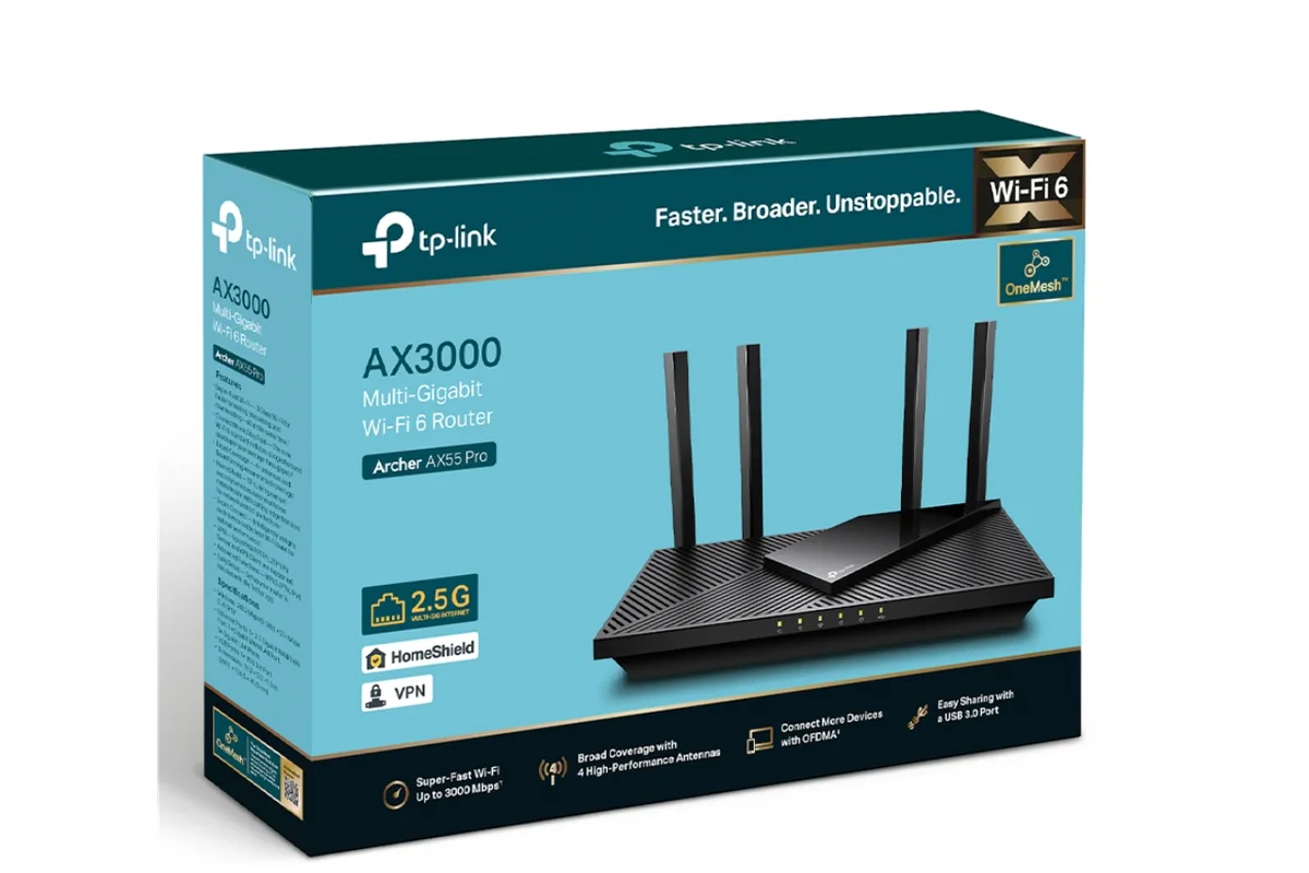 A Wi-Fi router with antennas standing on a shelf near a modem